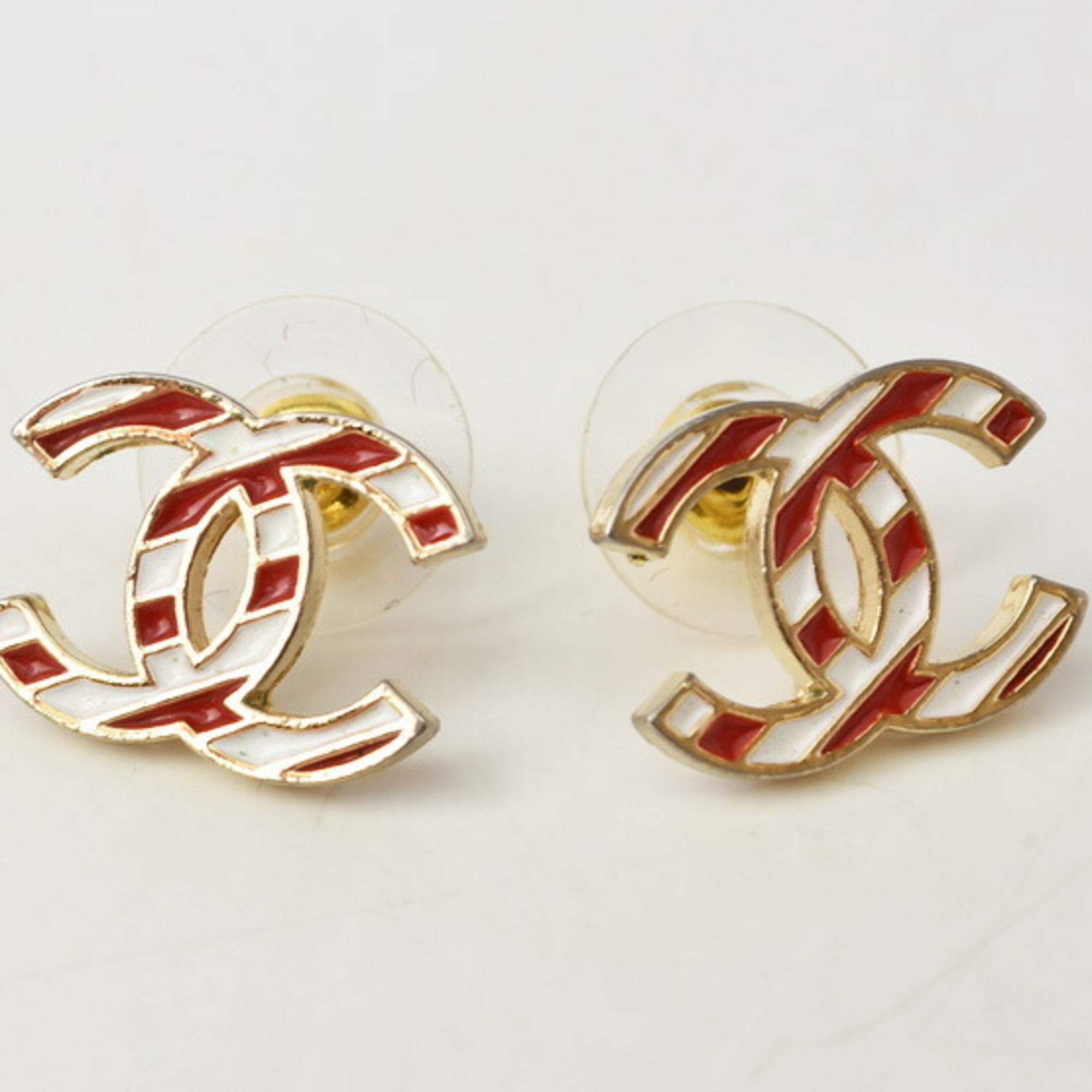 Chanel Earrings Cc Mark Stripe Pattern Red/White Gold